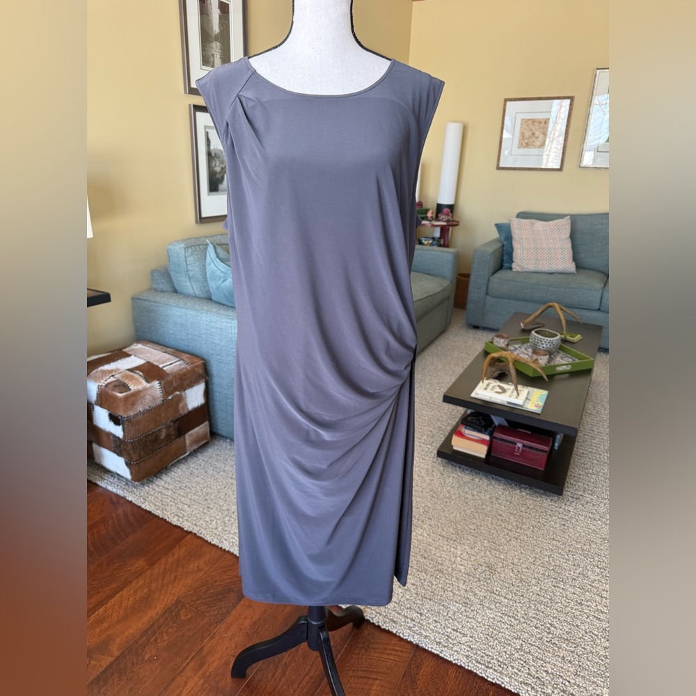 Nic+ Zoe dark grey XL pull on dress with side drape & shoulder pleat accents